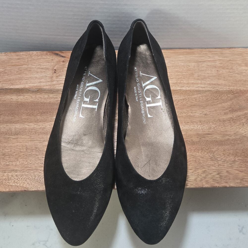 AGL Attilio Giusti Leombruni Black Suede Pointed Flats‎ 37.5 Made Italy